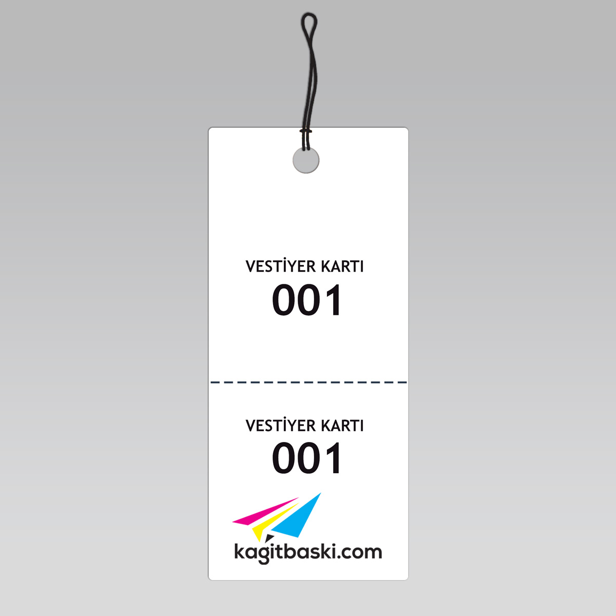 4 Renkli baskılı vestiyer kartı 5x10cm ölçülerinde  bağcıklı-ipli